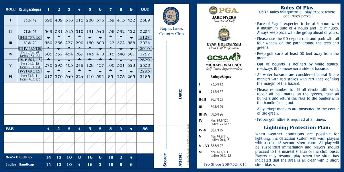 Naples Lakes CC scorecard