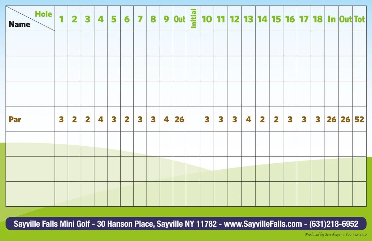 Sayville Falls Miniature Golf scorecard