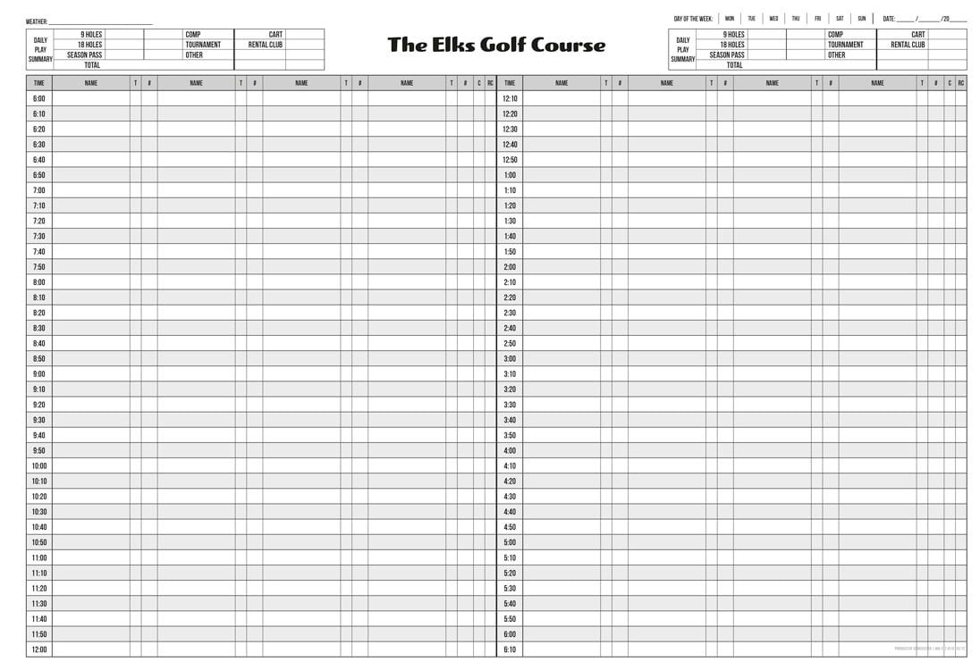 Printable Golf Tee Time Sheets Template Free Download 52 OFF